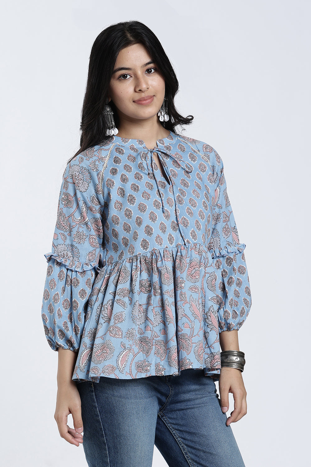 Mythri Women’s Cotton Flared Top – Paisley Print Casual Top with Bishop Sleeves & Tie-Up Neck | Stylish Everyday Wear Top for Women - TO35