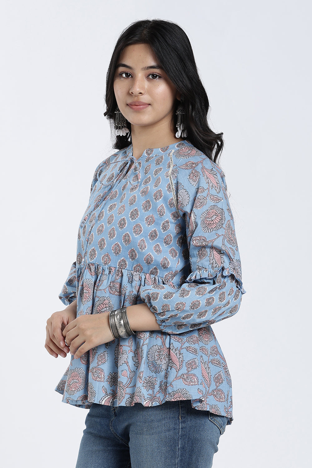 Mythri Women’s Cotton Flared Top – Paisley Print Casual Top with Bishop Sleeves & Tie-Up Neck | Stylish Everyday Wear Top for Women - TO35