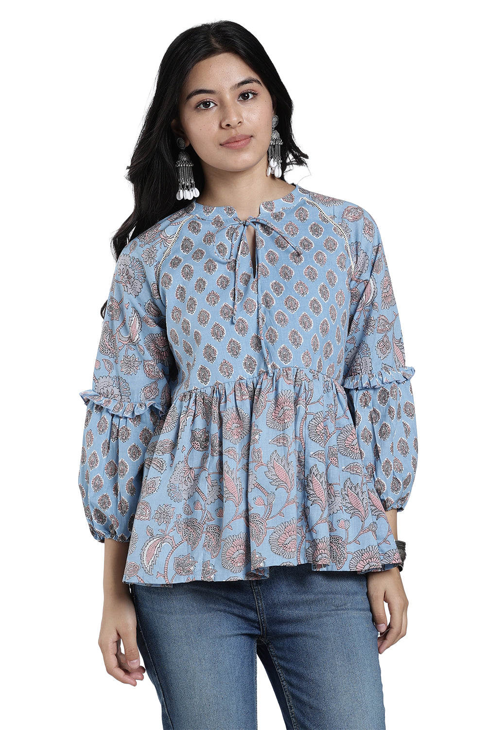 Mythri Women’s Cotton Flared Top – Paisley Print Casual Top with Bishop Sleeves & Tie-Up Neck | Stylish Everyday Wear Top for Women - TO35