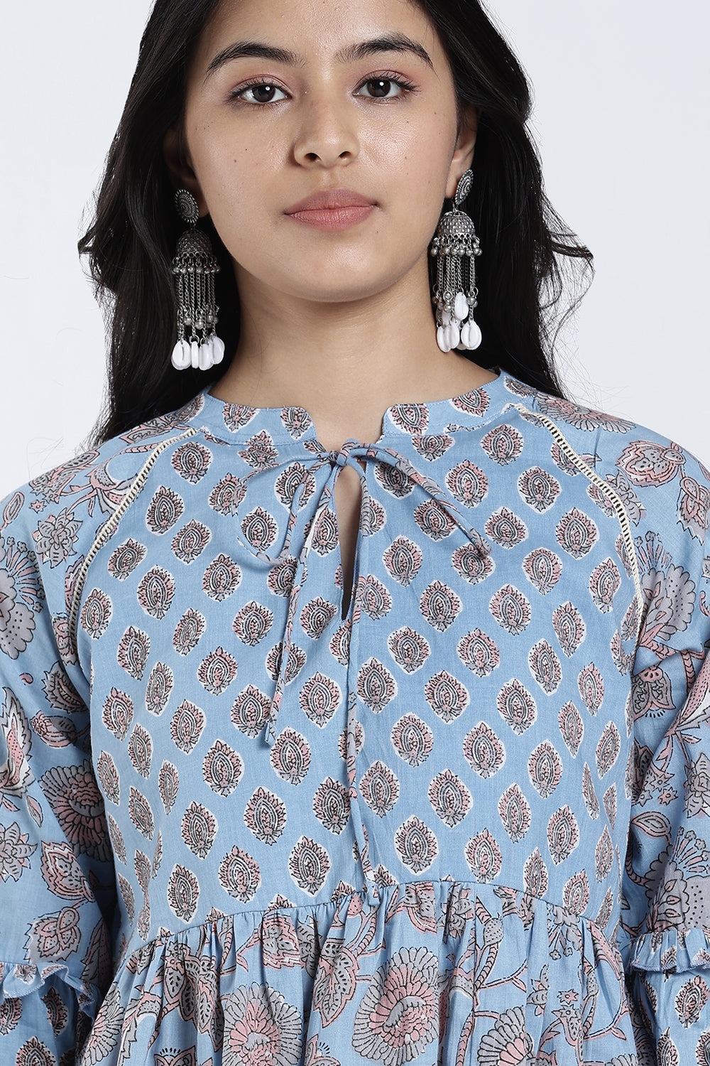 Mythri Women’s Cotton Flared Top – Paisley Print Casual Top with Bishop Sleeves & Tie-Up Neck | Stylish Everyday Wear Top for Women - TO35