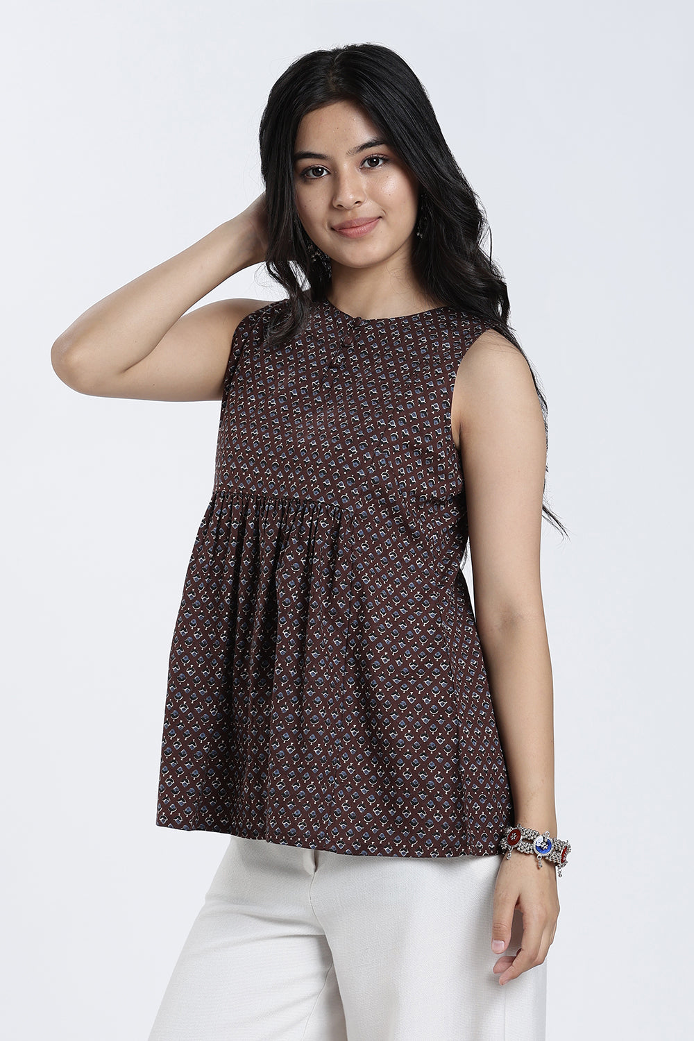 Mythri Women’s Cotton Gathered Short Top – Sleeveless Floral Butta Top with Potli Button Detail | Casual Ethnic Wear - TO37