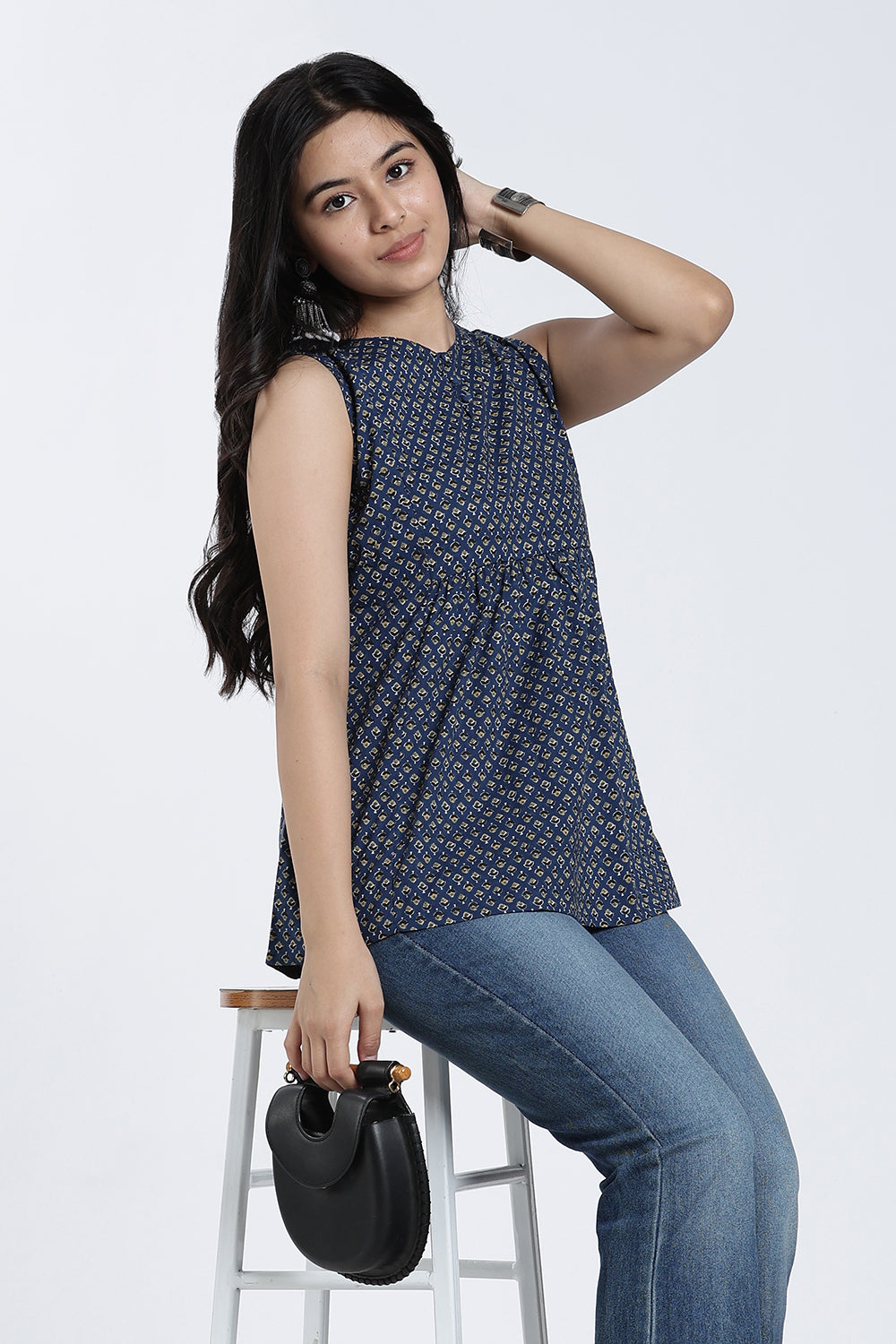 Mythri Women’s Cotton Gathered Short Top – Sleeveless Floral Butta Top with Potli Button Detail | Casual Ethnic Wear - TO37