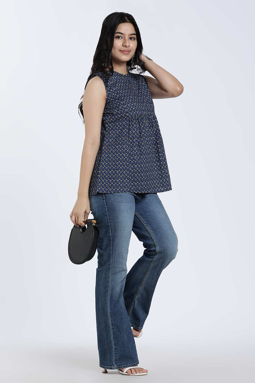 Mythri Women’s Cotton Gathered Short Top – Sleeveless Floral Butta Top with Potli Button Detail | Casual Ethnic Wear - TO37
