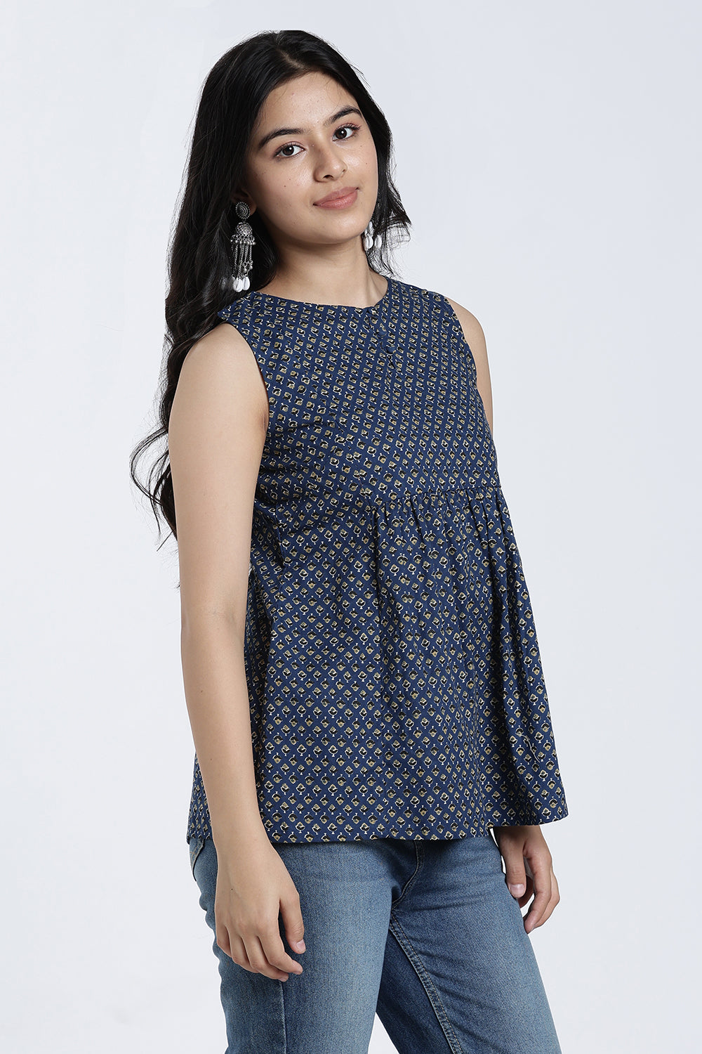 Mythri Women’s Cotton Gathered Short Top – Sleeveless Floral Butta Top with Potli Button Detail | Casual Ethnic Wear - TO37