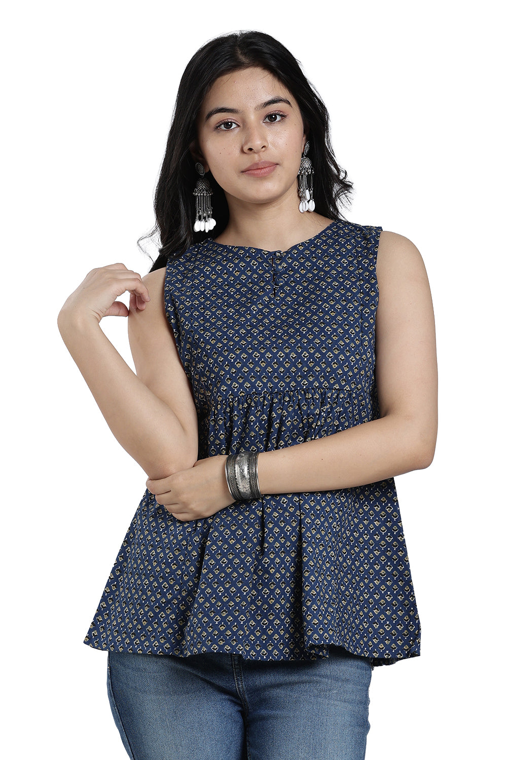 Mythri Women’s Cotton Gathered Short Top – Sleeveless Floral Butta Top with Potli Button Detail | Casual Ethnic Wear - TO37