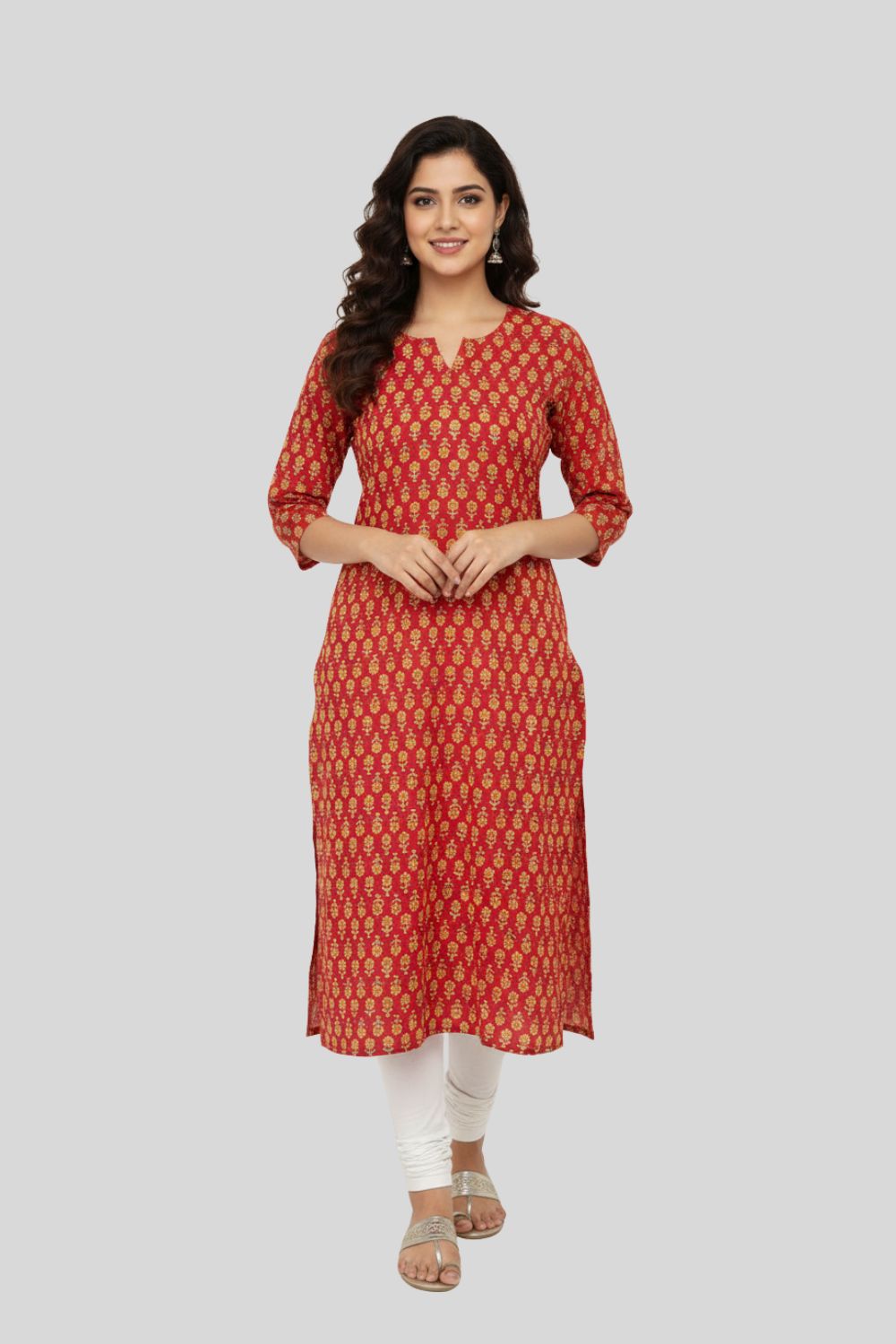 Mythri Women’s Cotton Straight Kurthi with V Slit Round Neck and 3/4th Sleeves - Dark Pink - R207