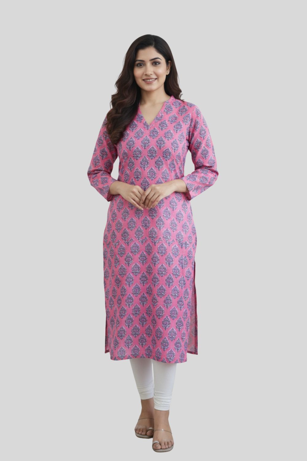 Mythri Women’s Cotton Straight Kurthi with V Slit Round Neck and 3/4th Sleeves - Pink - R209