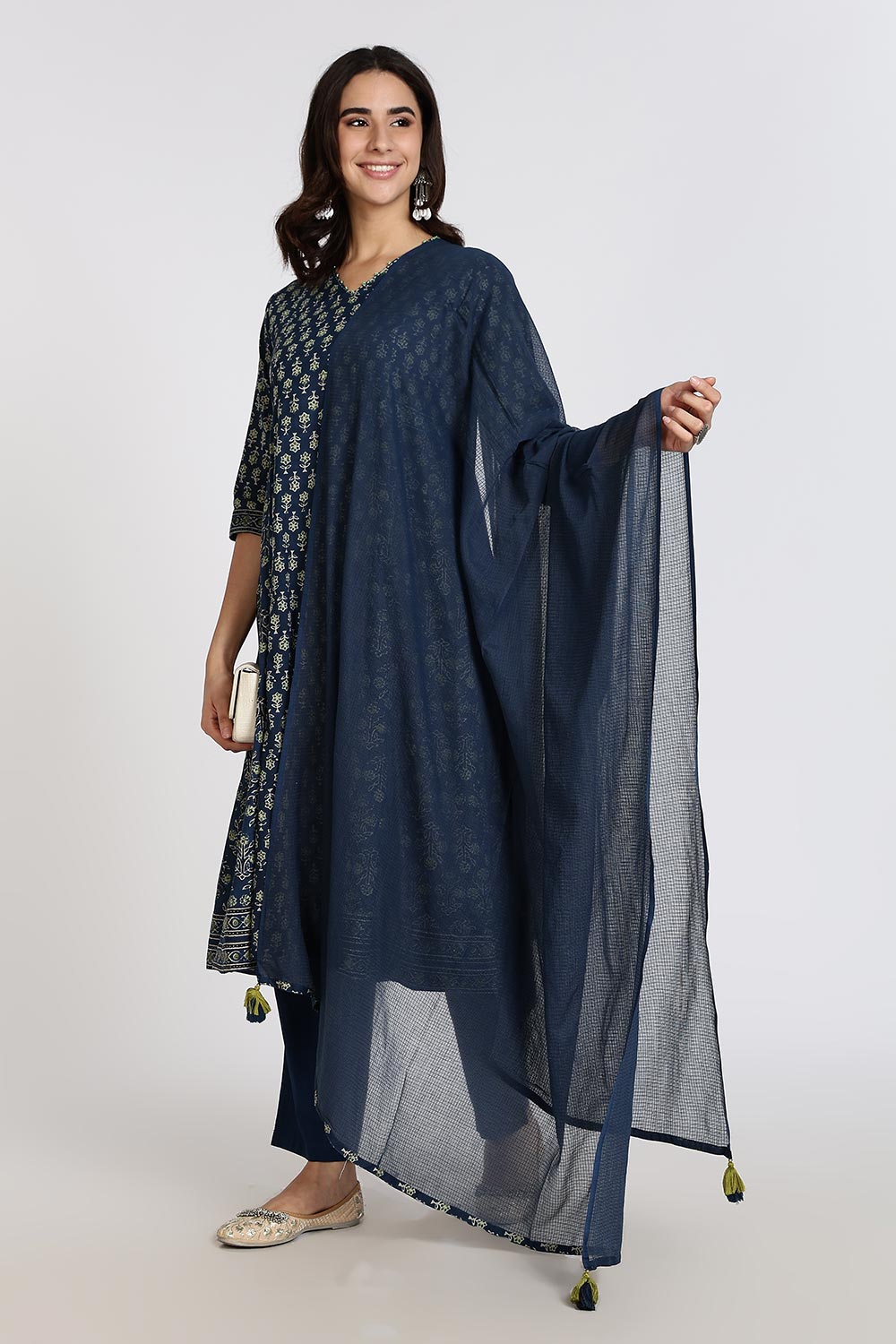 Mythri Women’s Anarkali Kurthi Set | 3-Piece Cotton Cambric with Pants & Dupatta | Floral Block Print - Navy Blue - K002