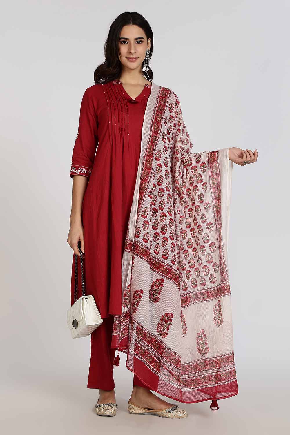 Mythri Women’s Cotton Cambric Kurthi Set 3 Piece Traditional Ethnic Wear with Pintucks Pants and Printed Dupatta - Maroon - R505