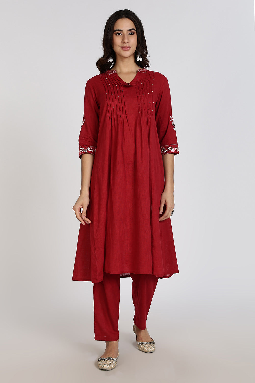 Mythri Women’s Cotton Cambric Kurthi Set 3 Piece Traditional Ethnic Wear with Pintucks Pants and Printed Dupatta - Maroon - R505