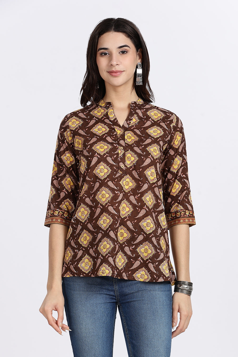 Mythri Women’s Teal Floral Geometric Printed Cotton Top with V-Notch Neckline & 3/4th Sleeves | Daily Wear Casual Cotton Top - U006