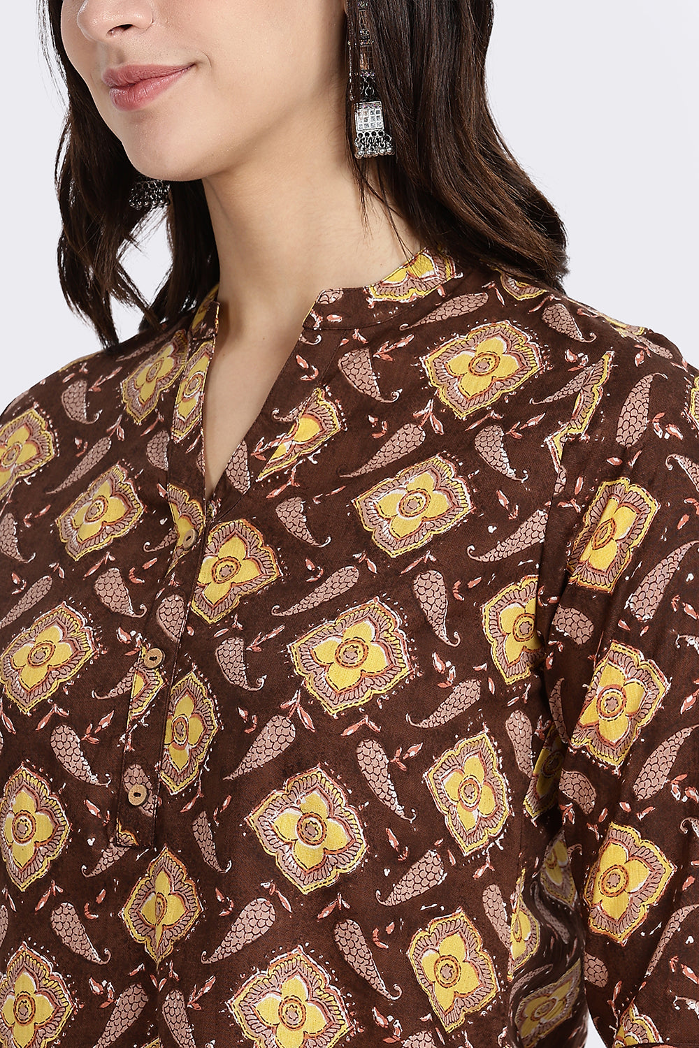 Mythri Women’s Teal Floral Geometric Printed Cotton Top with V-Notch Neckline & 3/4th Sleeves | Daily Wear Casual Cotton Top - U006