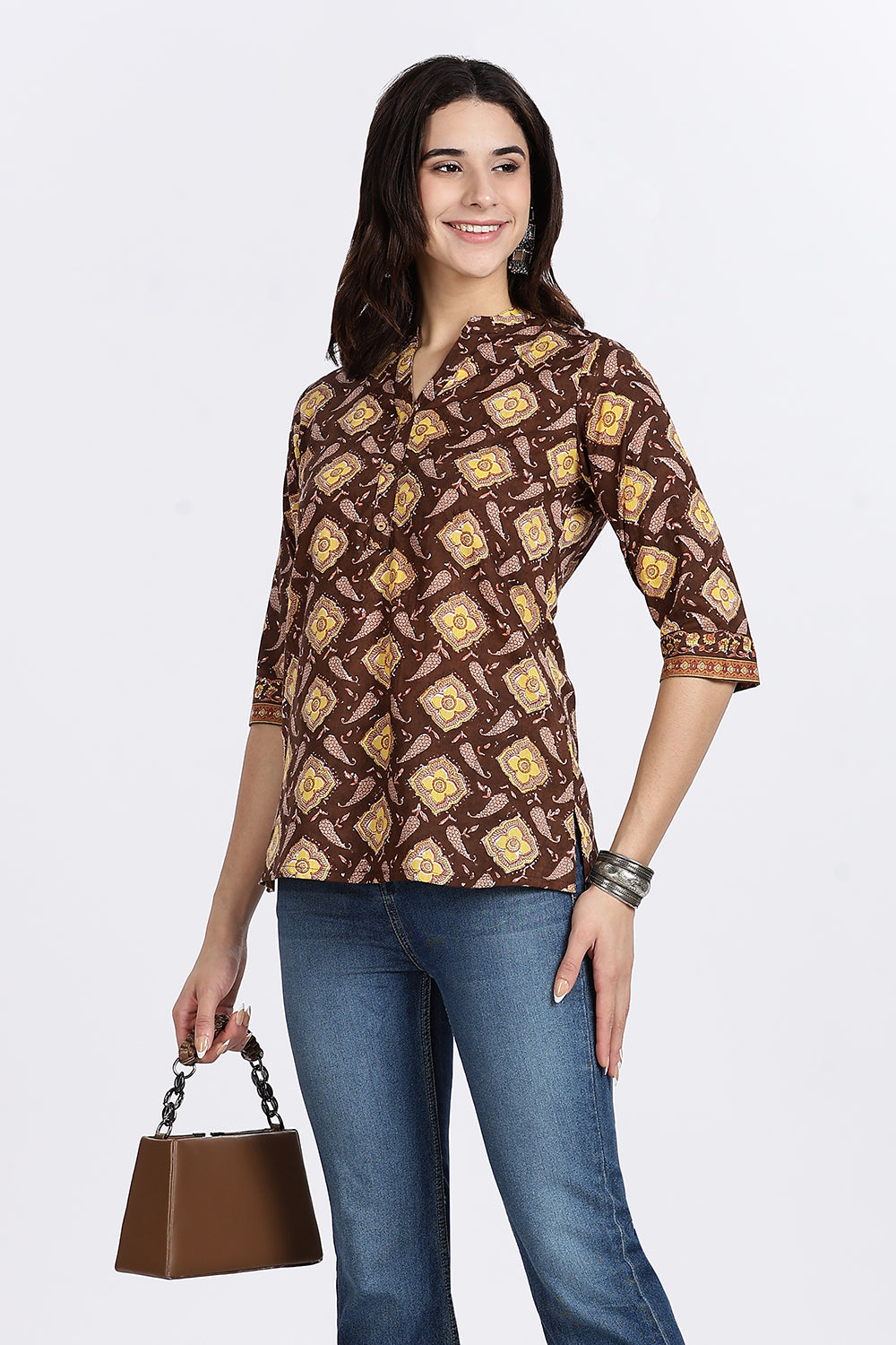 Mythri Women’s Teal Floral Geometric Printed Cotton Top with V-Notch Neckline & 3/4th Sleeves | Daily Wear Casual Cotton Top - U006