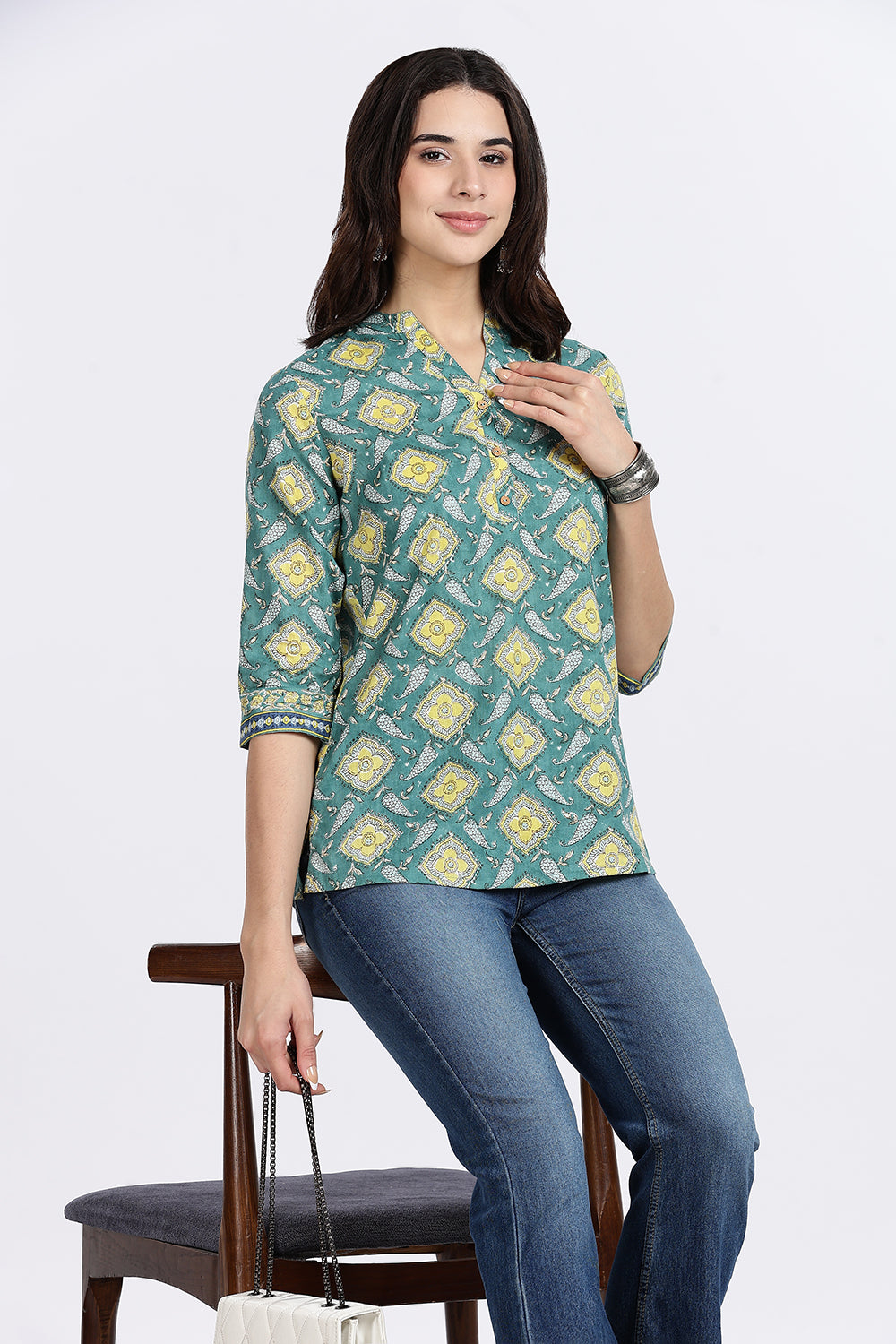 Mythri Women’s Teal Floral Geometric Printed Cotton Top with V-Notch Neckline & 3/4th Sleeves | Daily Wear Casual Cotton Top - U006