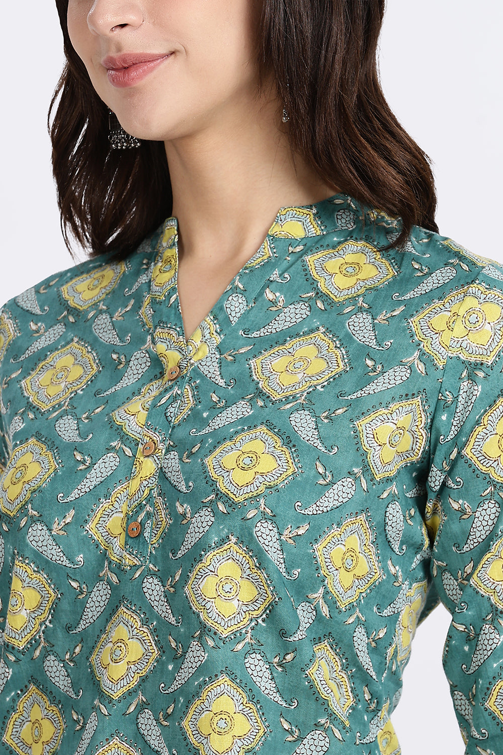 Mythri Women’s Teal Floral Geometric Printed Cotton Top with V-Notch Neckline & 3/4th Sleeves | Daily Wear Casual Cotton Top - U006