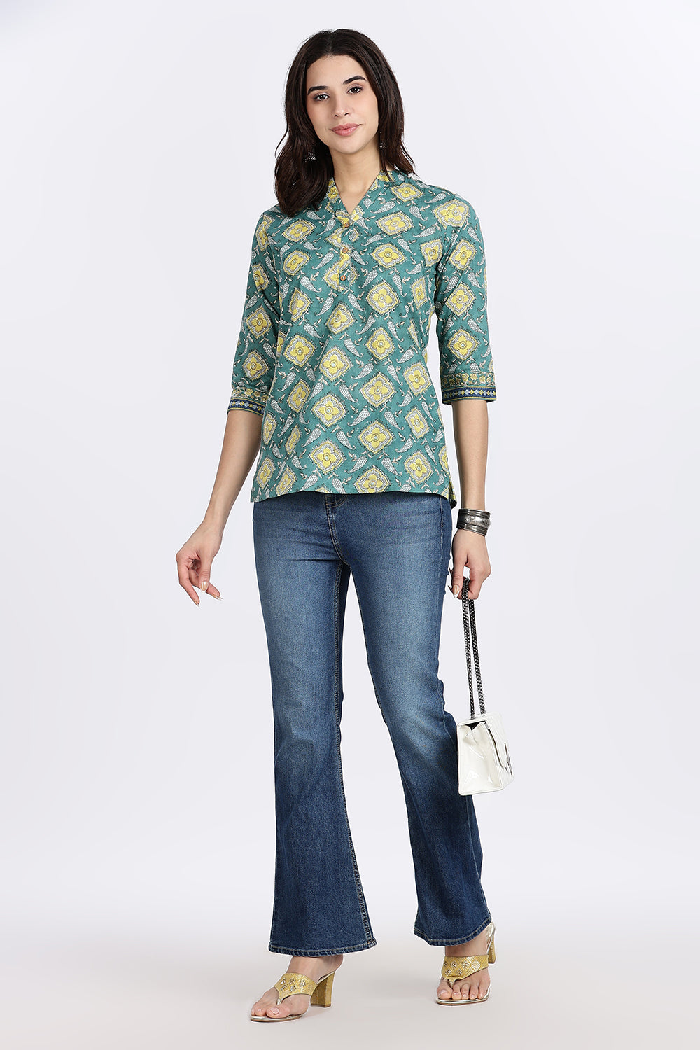 Mythri Women’s Teal Floral Geometric Printed Cotton Top with V-Notch Neckline & 3/4th Sleeves | Daily Wear Casual Cotton Top - U006