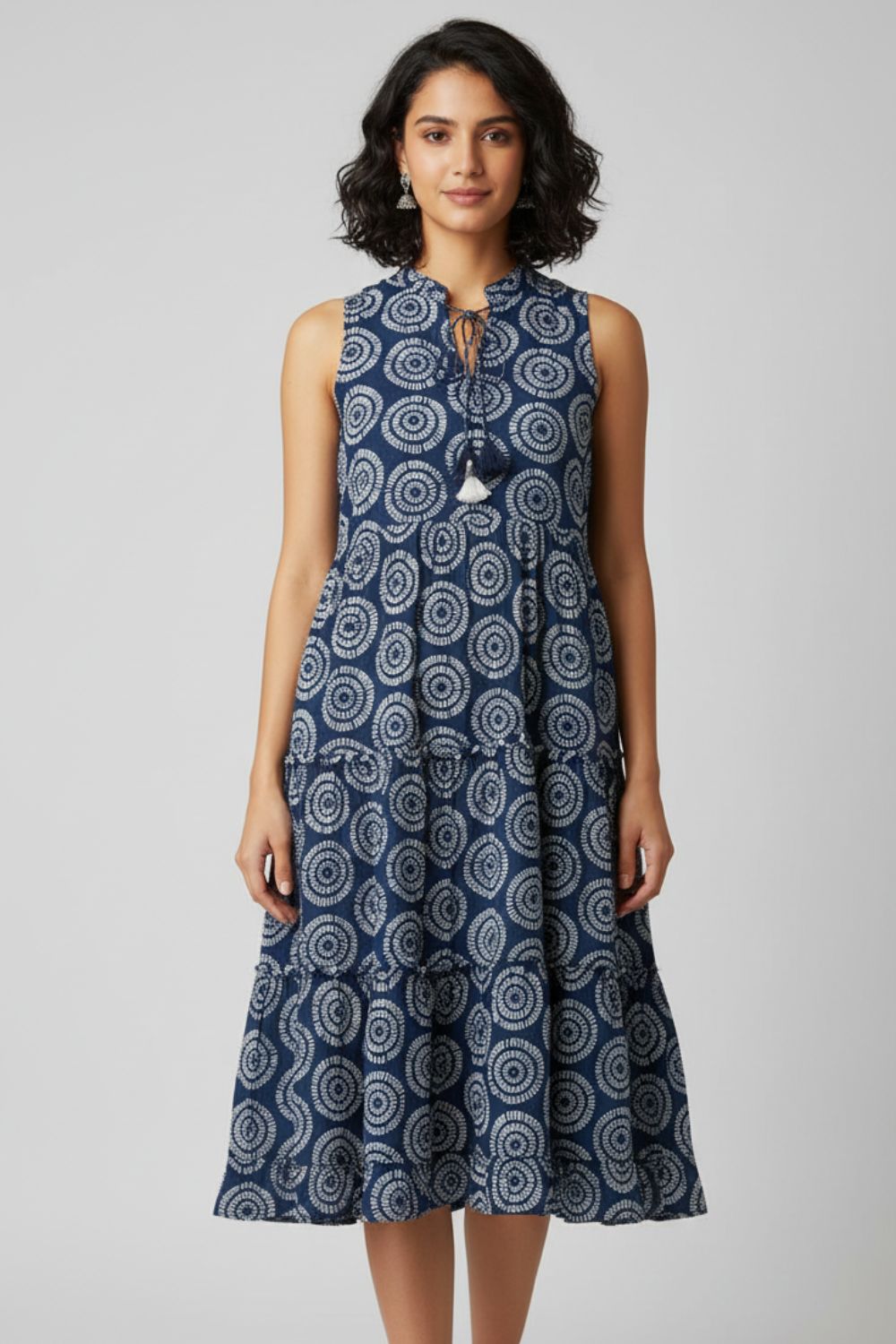 Mythri Women’s Cotton Cambric Dress | Sleeveless Indigo Shibori-Inspired Tiered Dress with Frilled Collar - Indigo - R505