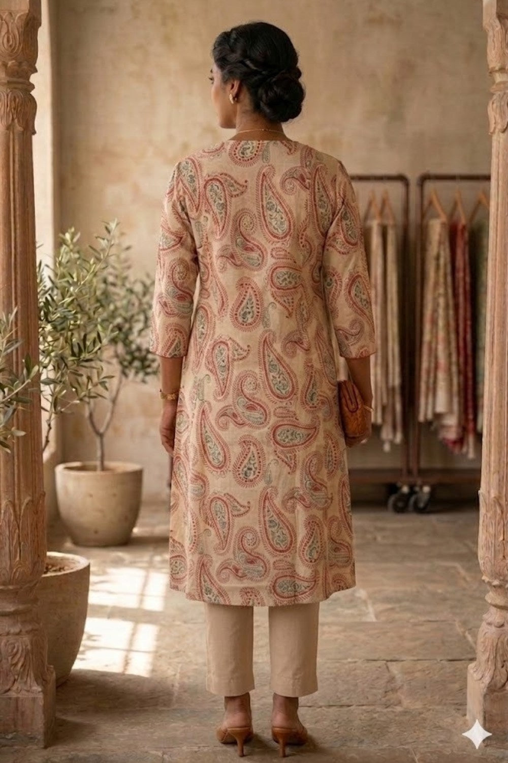 Mythri Women’s Cotton Chanderi Embroidered Kurti – Round Neck V-Notch 3/4 Sleeve Butta Print Ethnic Kurti for Women | Everyday Cotton Kurti - 1201