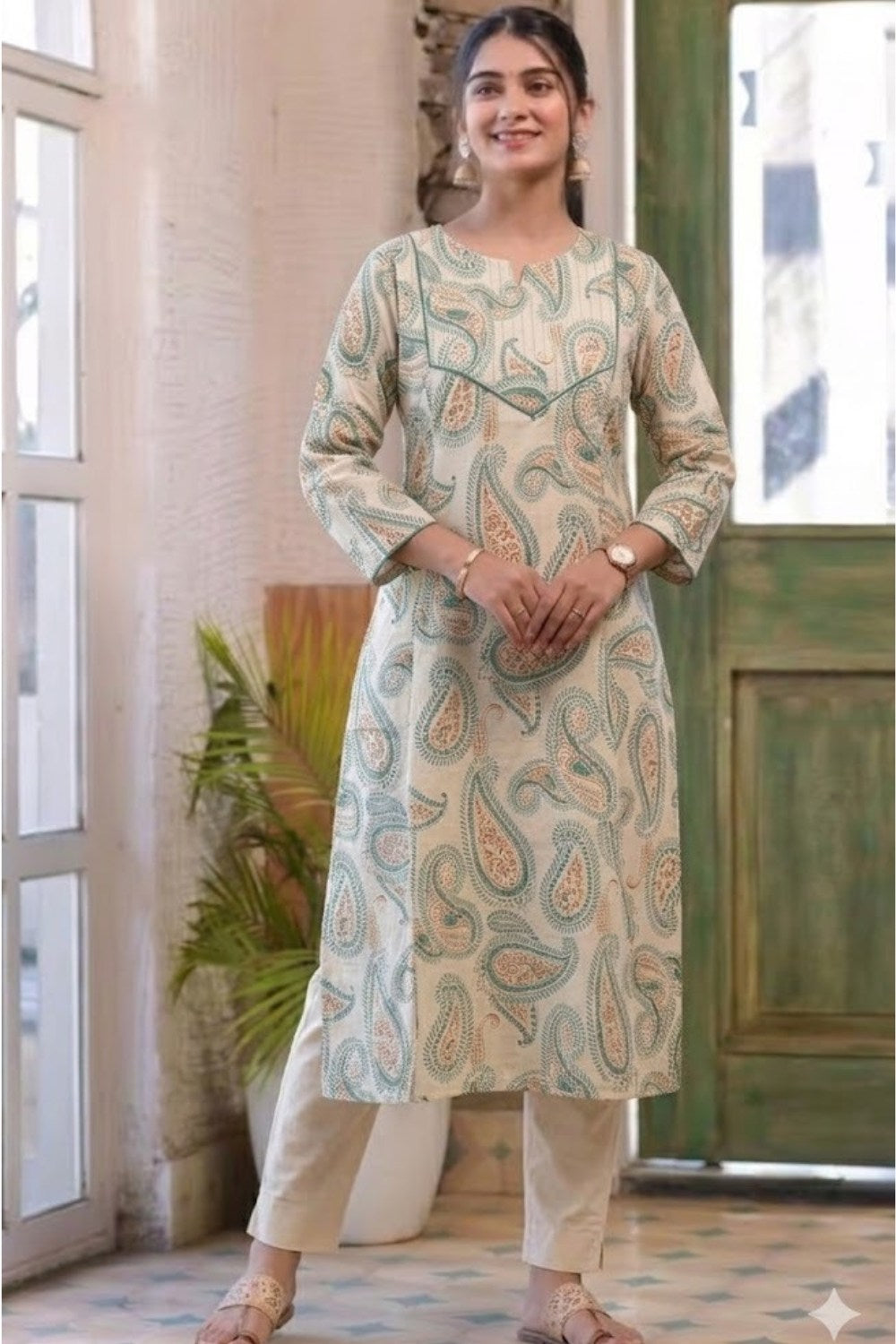 Mythri Women’s Cotton Chanderi Embroidered Kurti – Round Neck V-Notch 3/4 Sleeve Butta Print Ethnic Kurti for Women | Everyday Cotton Kurti - 1202