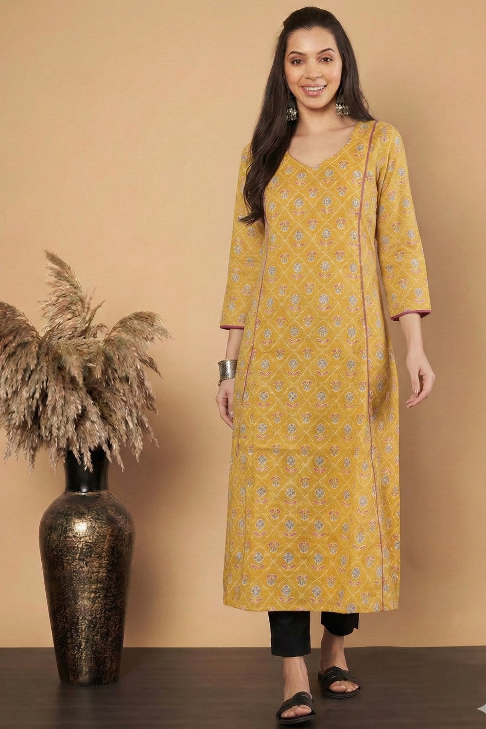 Mythri Women’s Cotton Chanderi Embroidered Kurti – V-Neck 3/4 Sleeve Butta Print Kurti with Contrast Piping | Everyday Ethnic Kurti for Women - 1203