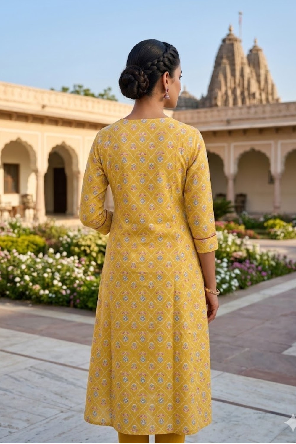 Mythri Women’s Cotton Chanderi Embroidered Kurti – V-Neck 3/4 Sleeve Butta Print Kurti with Contrast Piping | Everyday Ethnic Kurti for Women - 1203