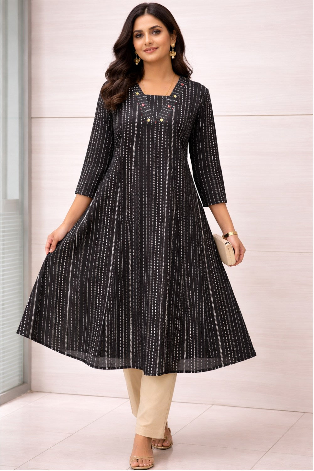 Mythri Women’s Cotton Chanderi Embroidered Kurti – V-Neck 3/4 Sleeve Butta Print Ethnic Kurti for Women | Everyday Cotton Kurti - 1206