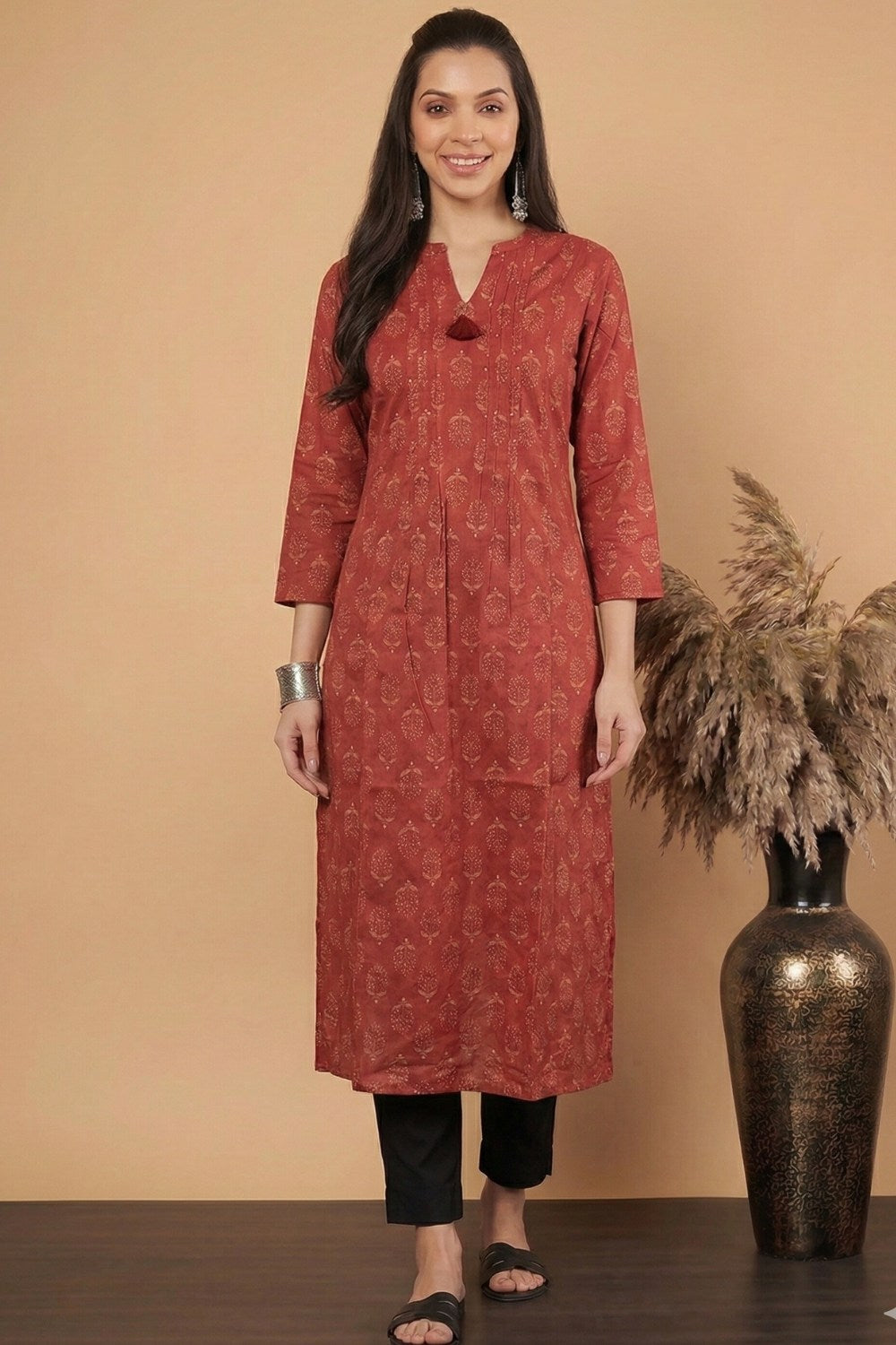 Mythri Women’s Cotton Chanderi Kurti – Mandarin Collar Pintuck Kurti with 3/4 Sleeves | Butta Print Ethnic Kurti for Women - 1207