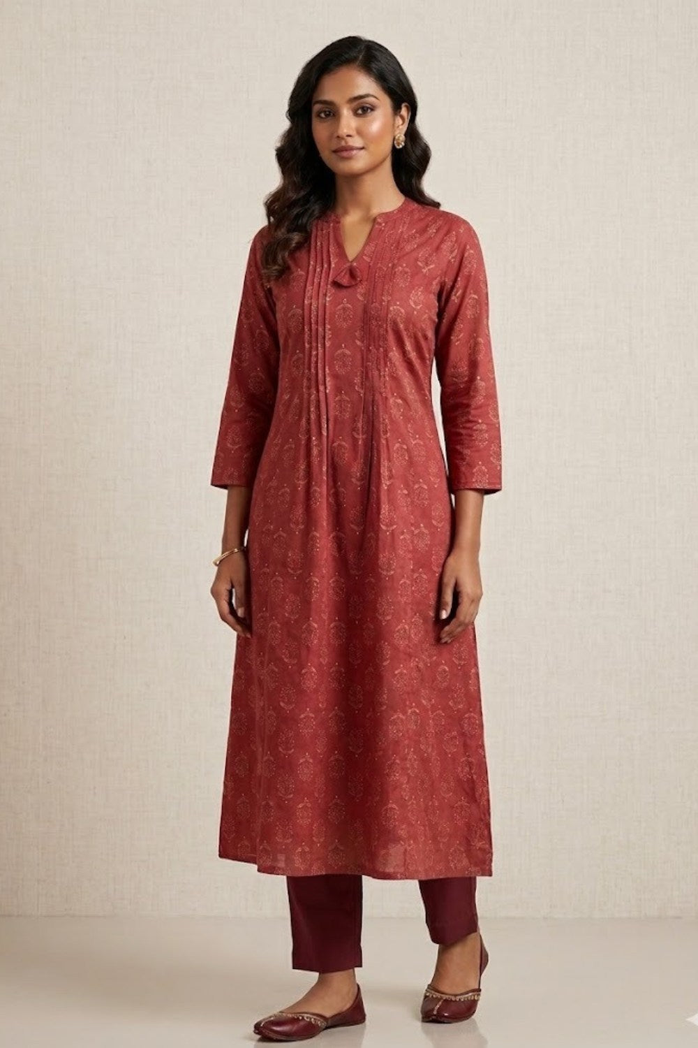 Mythri Women’s Cotton Chanderi Kurti – Mandarin Collar Pintuck Kurti with 3/4 Sleeves | Butta Print Ethnic Kurti for Women - 1207