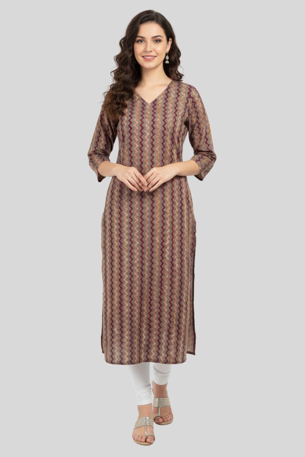Mythri Women’s Cotton Straight Kurthi with V Neck and 3/4th Sleeves Daily Wear Kurta - Maroon - V001