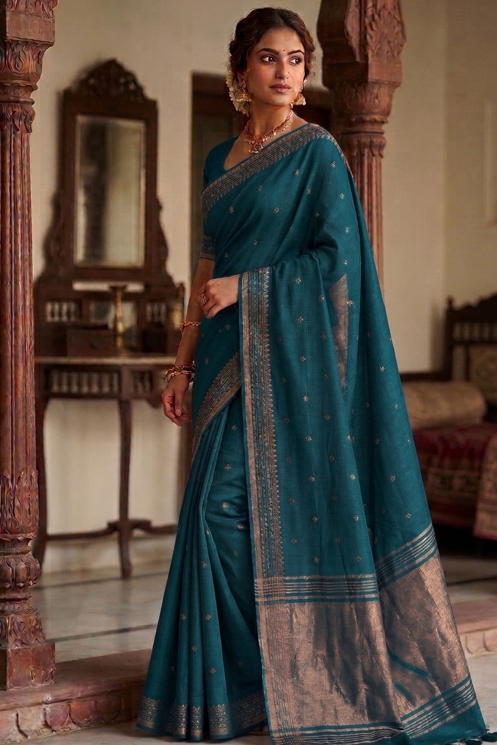 Naidu Hall Women's Green Khadi Cotton Blend Jacquard Saree with Blouse | Lightweight Ethnic Wear Saree - G501