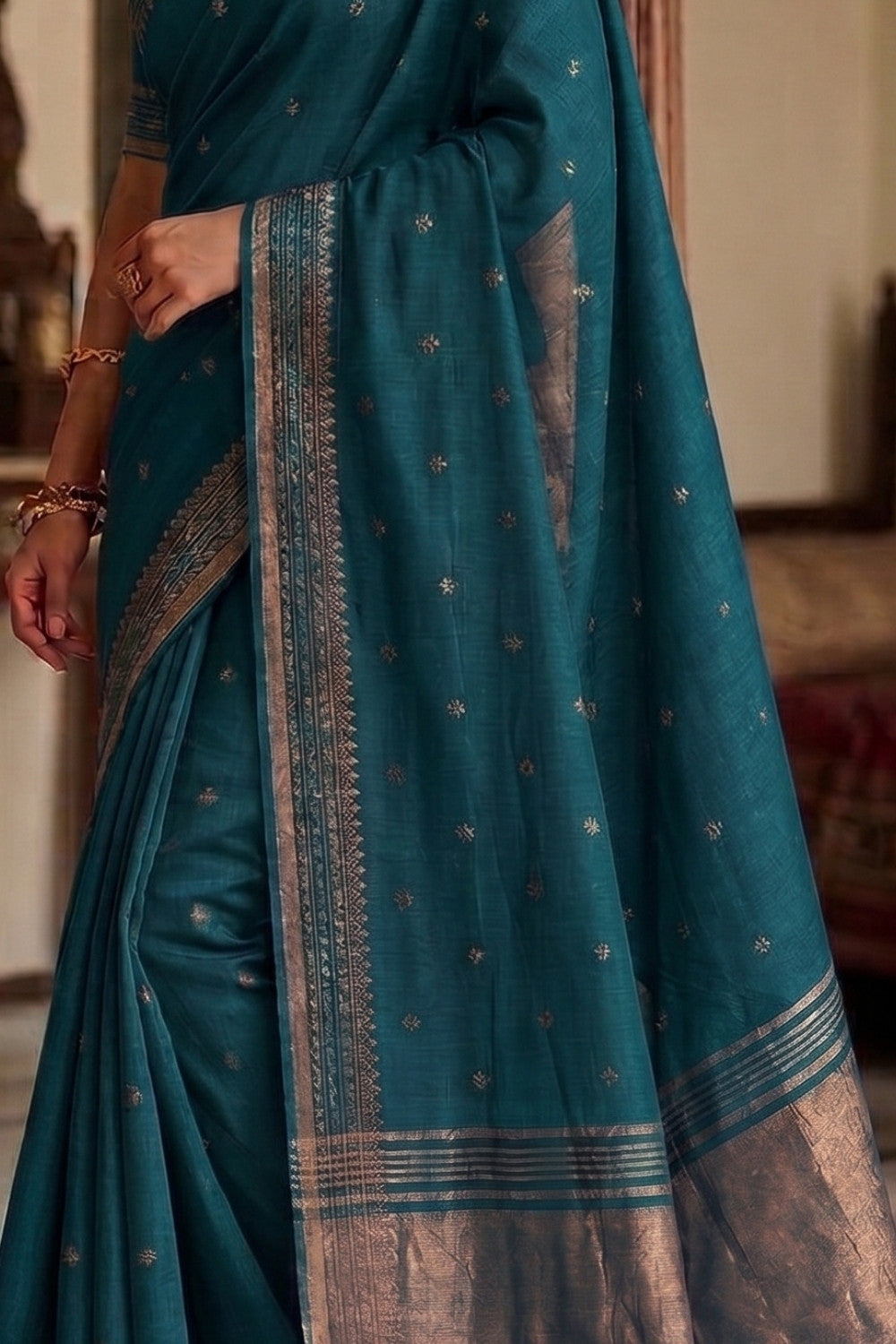 Naidu Hall Women's Green Khadi Cotton Blend Jacquard Saree with Blouse | Lightweight Ethnic Wear Saree - G501