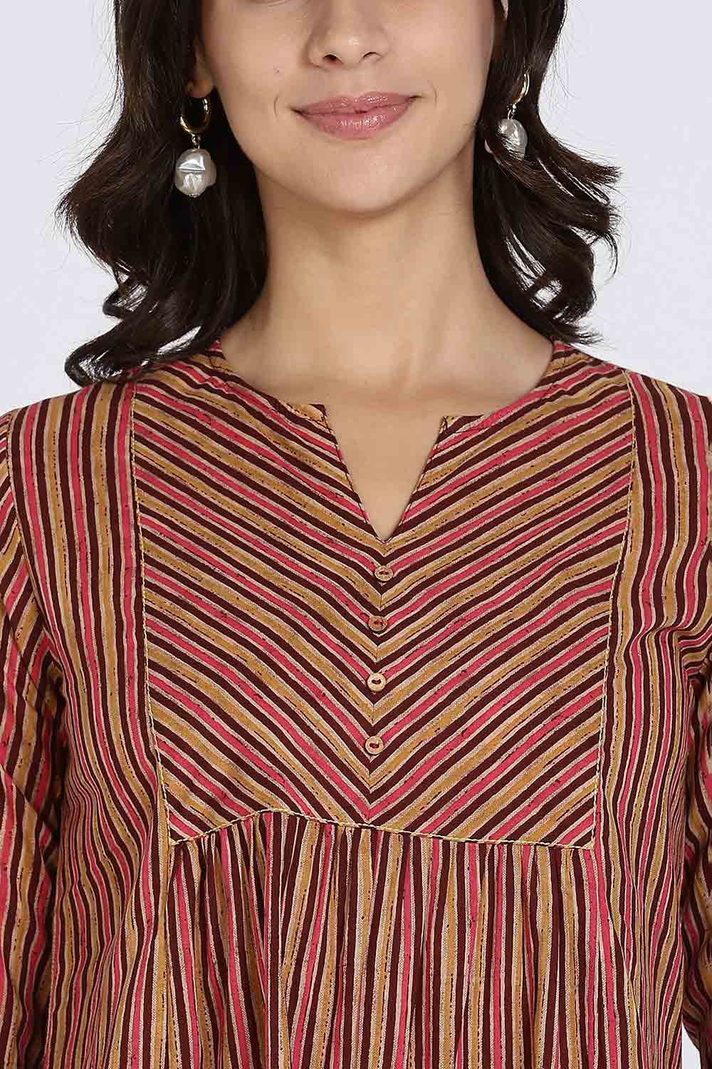 Mythri Women’s Cotton Kurta Top – Ethnic Short Kurti with Mandarin Collar, V-Slit & 3/4th Sleeves - Maroon - U002