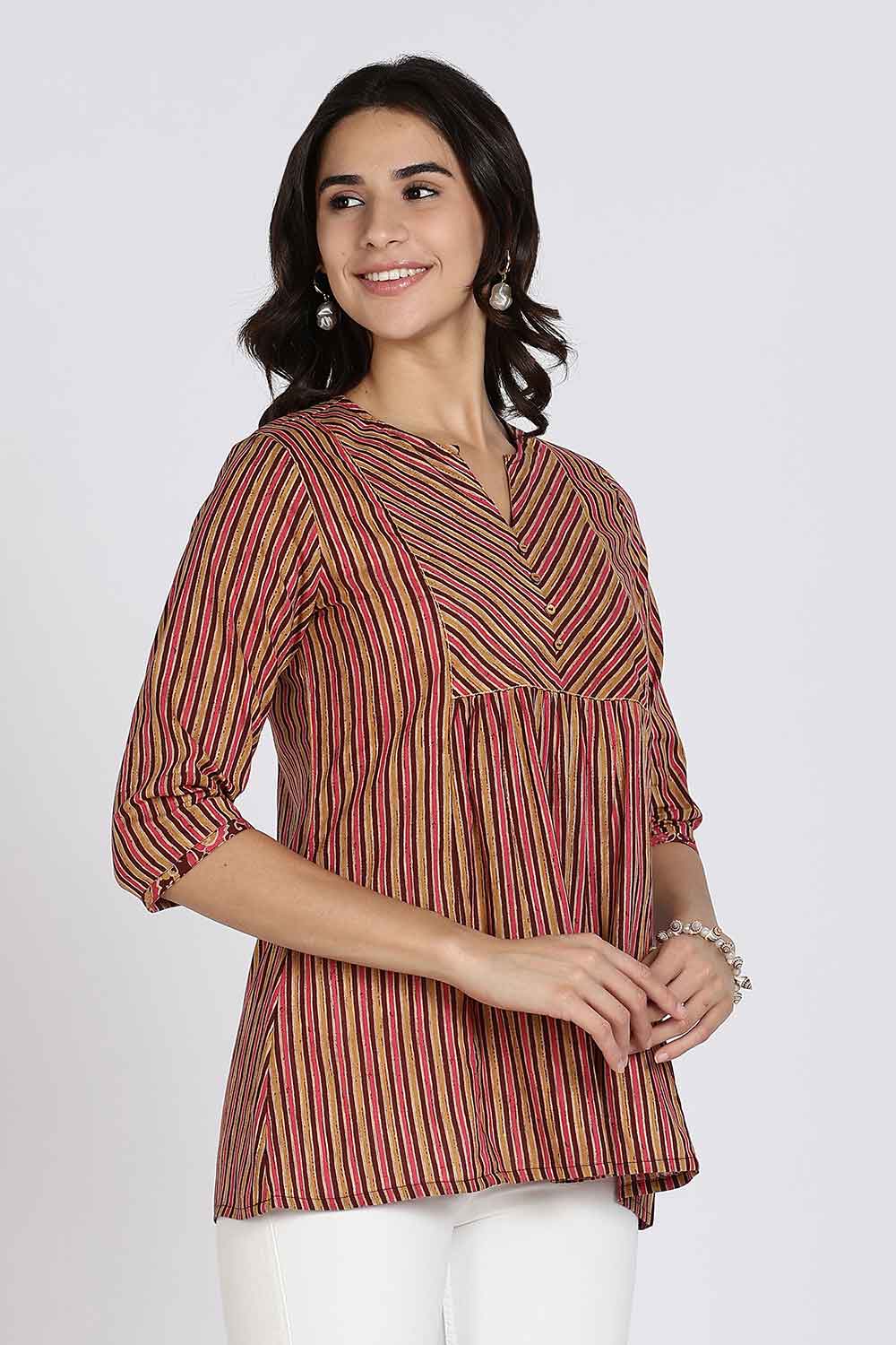 Mythri Women’s Cotton Kurta Top – Ethnic Short Kurti with Mandarin Collar, V-Slit & 3/4th Sleeves - Maroon - U002