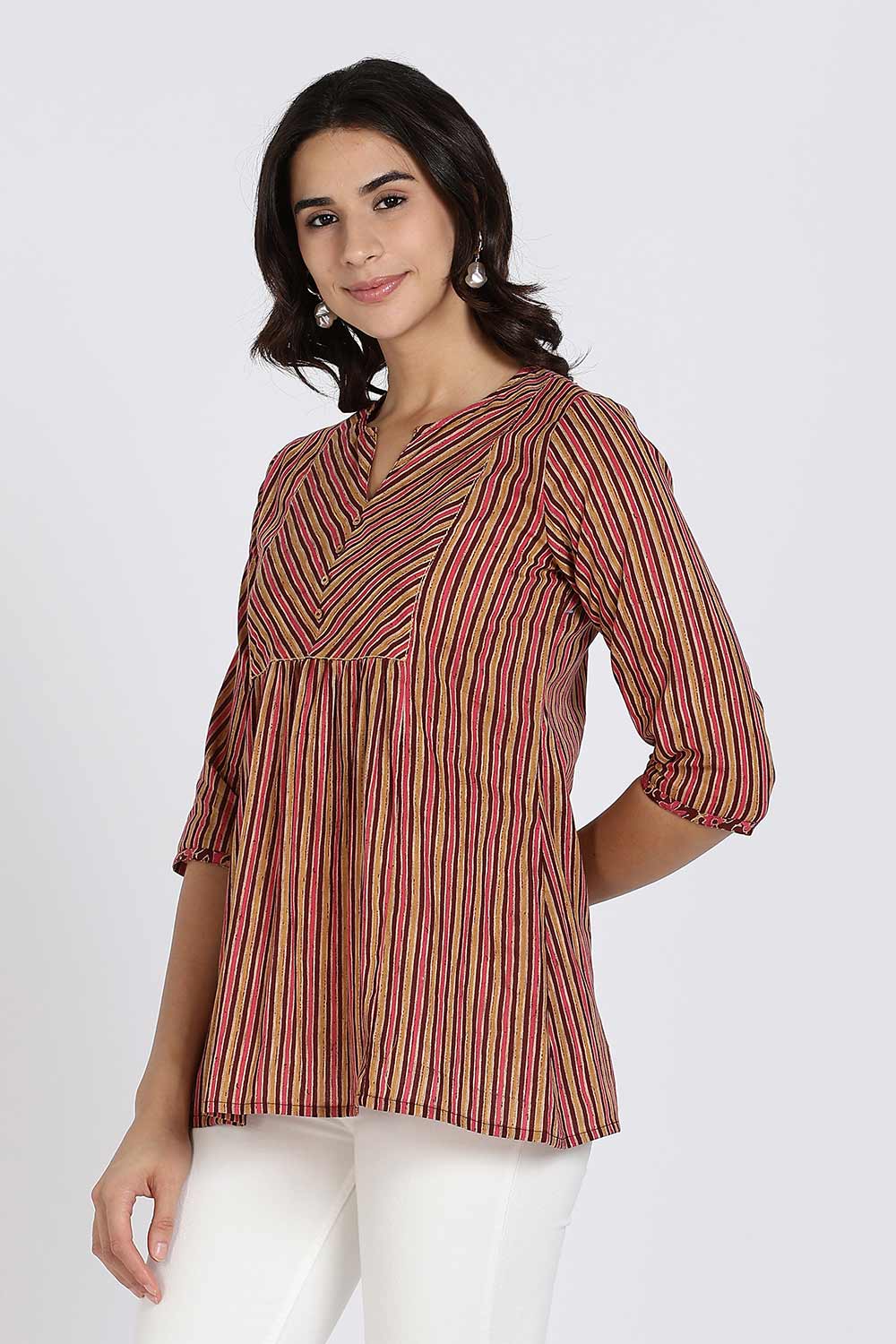 Mythri Women’s Cotton Kurta Top – Ethnic Short Kurti with Mandarin Collar, V-Slit & 3/4th Sleeves - Maroon - U002