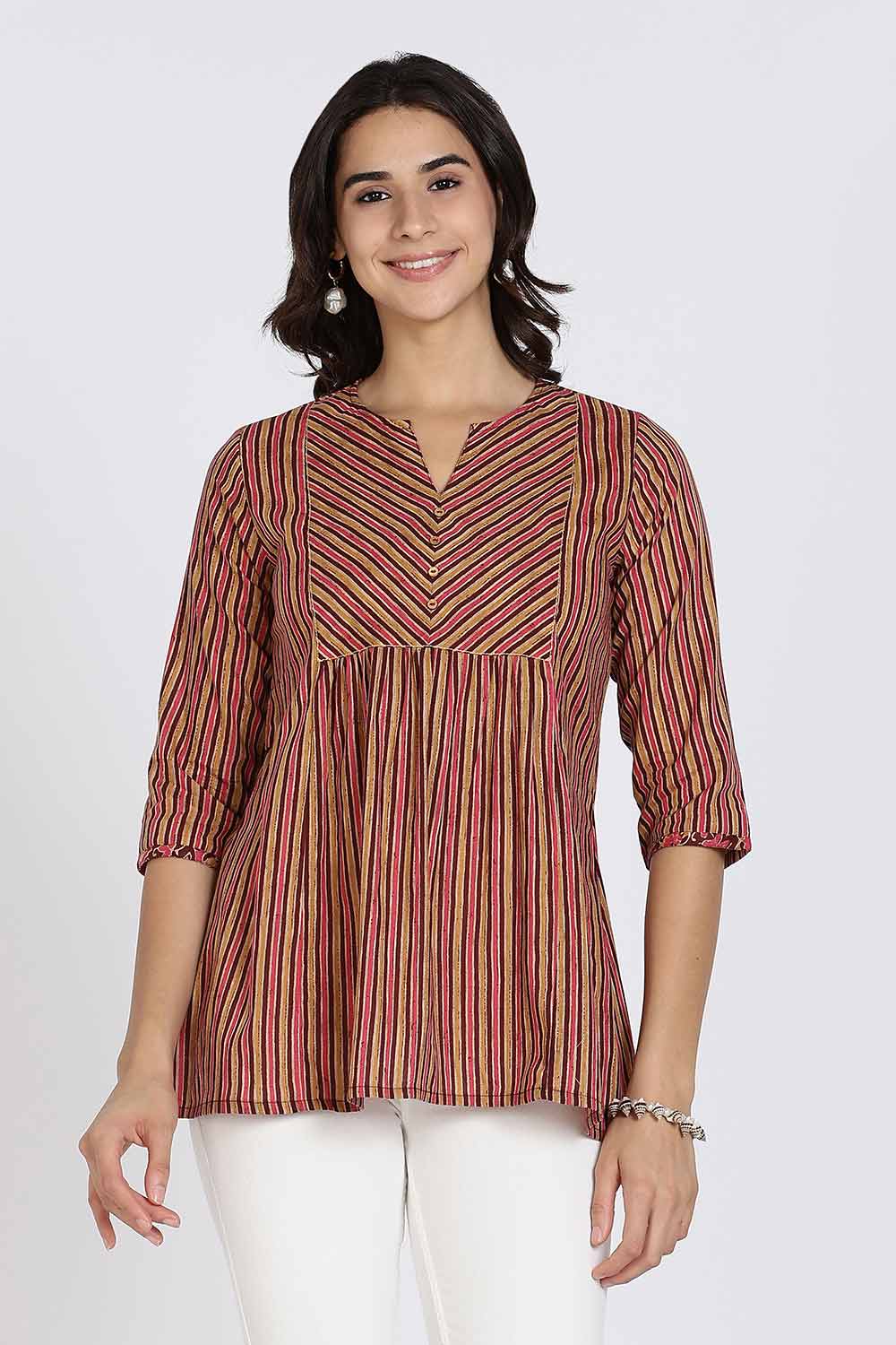 Mythri Women’s Cotton Kurta Top – Ethnic Short Kurti with Mandarin Collar, V-Slit & 3/4th Sleeves - Maroon - U002