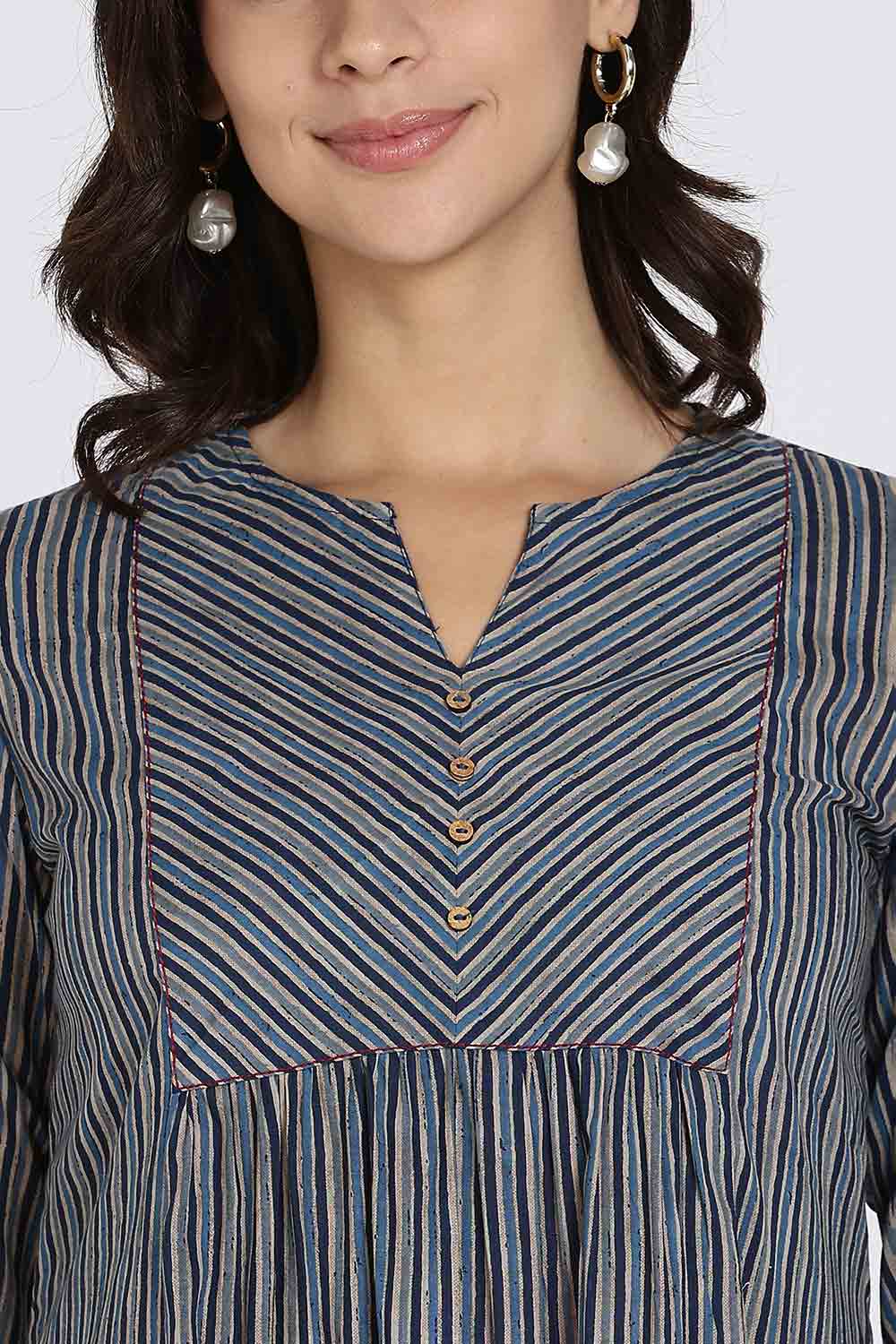Mythri Women’s Cotton Kurta Top – Ethnic Short Kurti with Mandarin Collar, V-Slit & 3/4th Sleeves - Navy Blue - U002