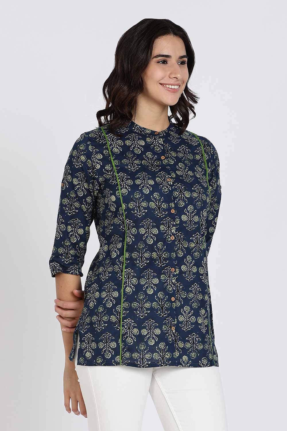Mythri Women’s Cotton Short Kurti Top – Mandarin Collar with Princess Panels & 3/4th Sleeves | Ethnic Wear Kurta Top - Navy - U005