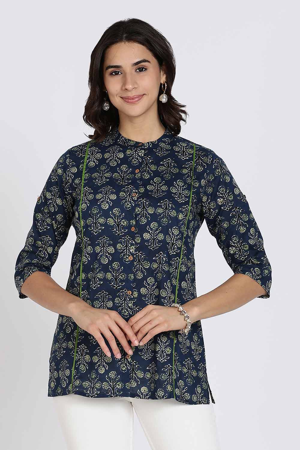 Mythri Women’s Cotton Short Kurti Top – Mandarin Collar with Princess Panels & 3/4th Sleeves | Ethnic Wear Kurta Top - Navy - U005