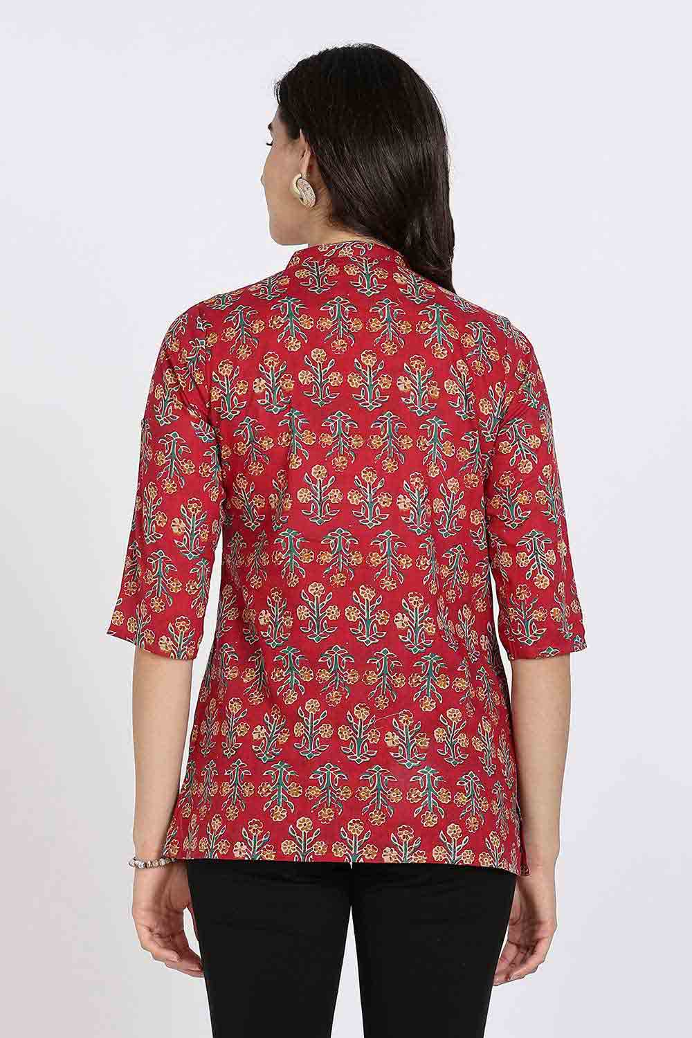 Mythri Women’s Cotton Short Kurti Top – Mandarin Collar with Princess Panels & 3/4th Sleeves | Ethnic Wear Kurta Top - Red - U005