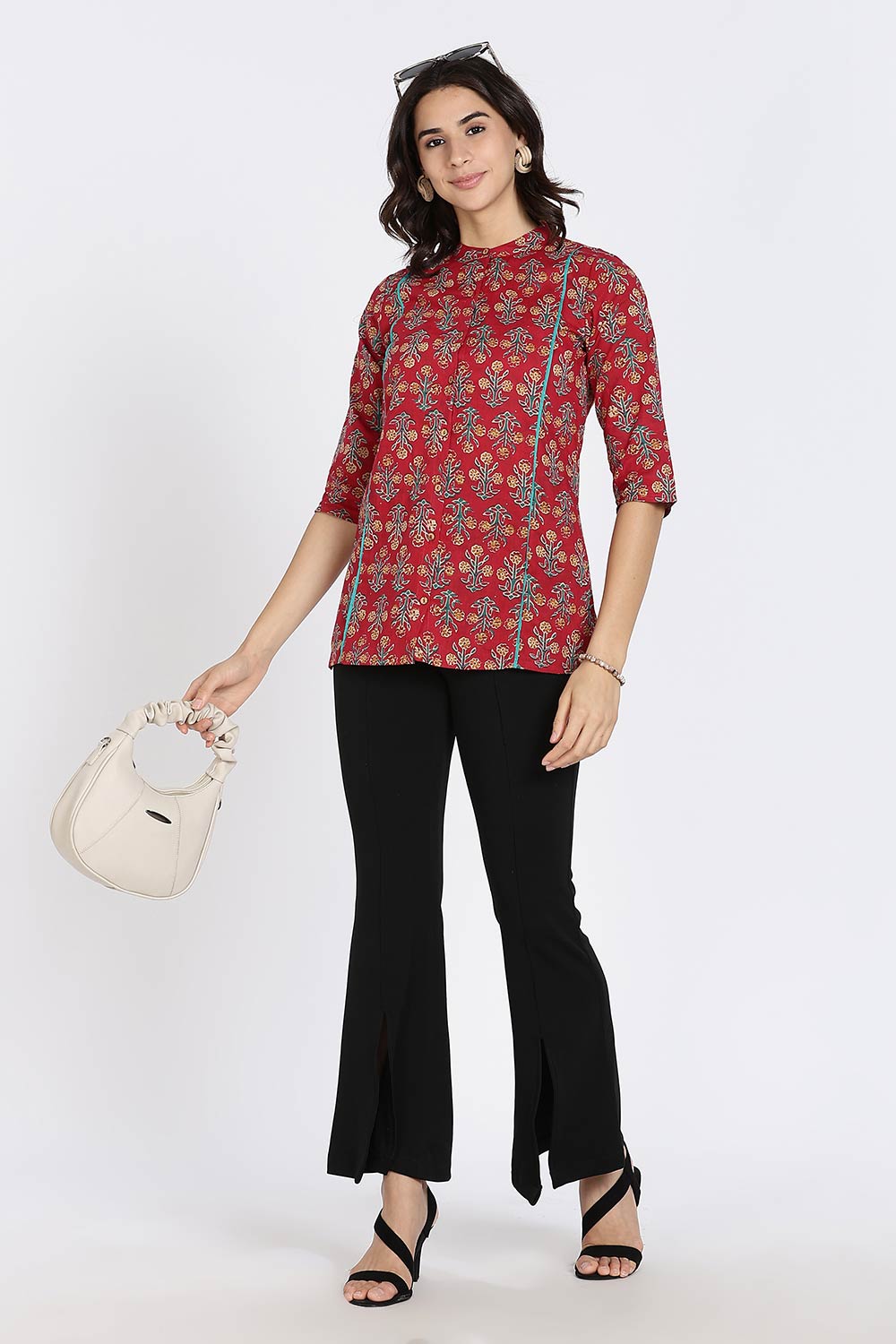 Mythri Women’s Cotton Short Kurti Top – Mandarin Collar with Princess Panels & 3/4th Sleeves | Ethnic Wear Kurta Top - Red - U005