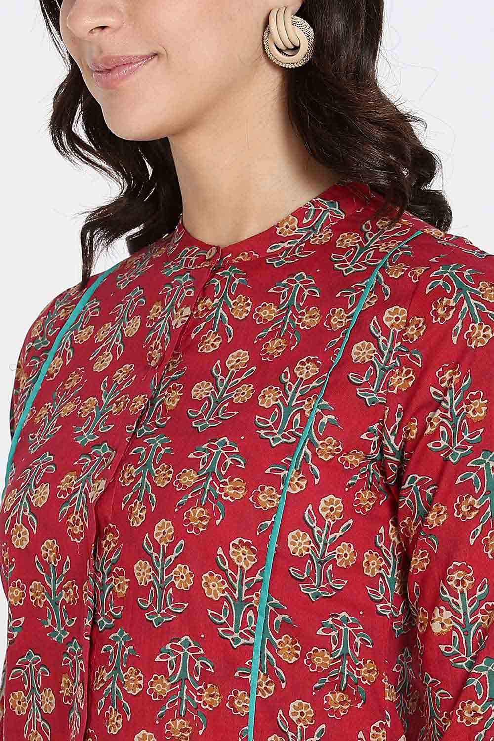 Mythri Women’s Cotton Short Kurti Top – Mandarin Collar with Princess Panels & 3/4th Sleeves | Ethnic Wear Kurta Top - Red - U005