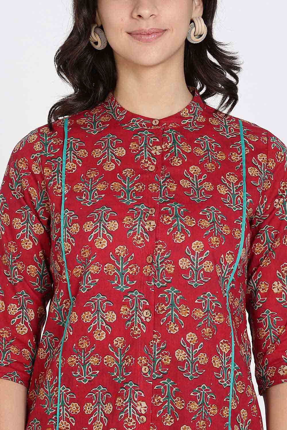 Mythri Women’s Cotton Short Kurti Top – Mandarin Collar with Princess Panels & 3/4th Sleeves | Ethnic Wear Kurta Top - Red - U005