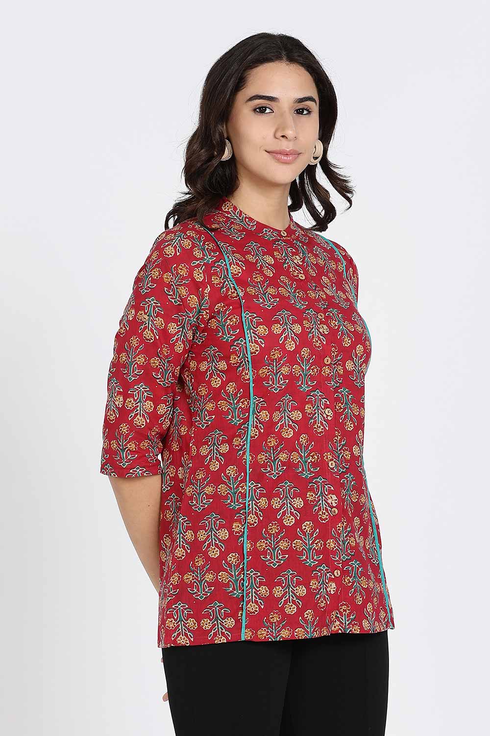 Mythri Women’s Cotton Short Kurti Top – Mandarin Collar with Princess Panels & 3/4th Sleeves | Ethnic Wear Kurta Top - Red - U005