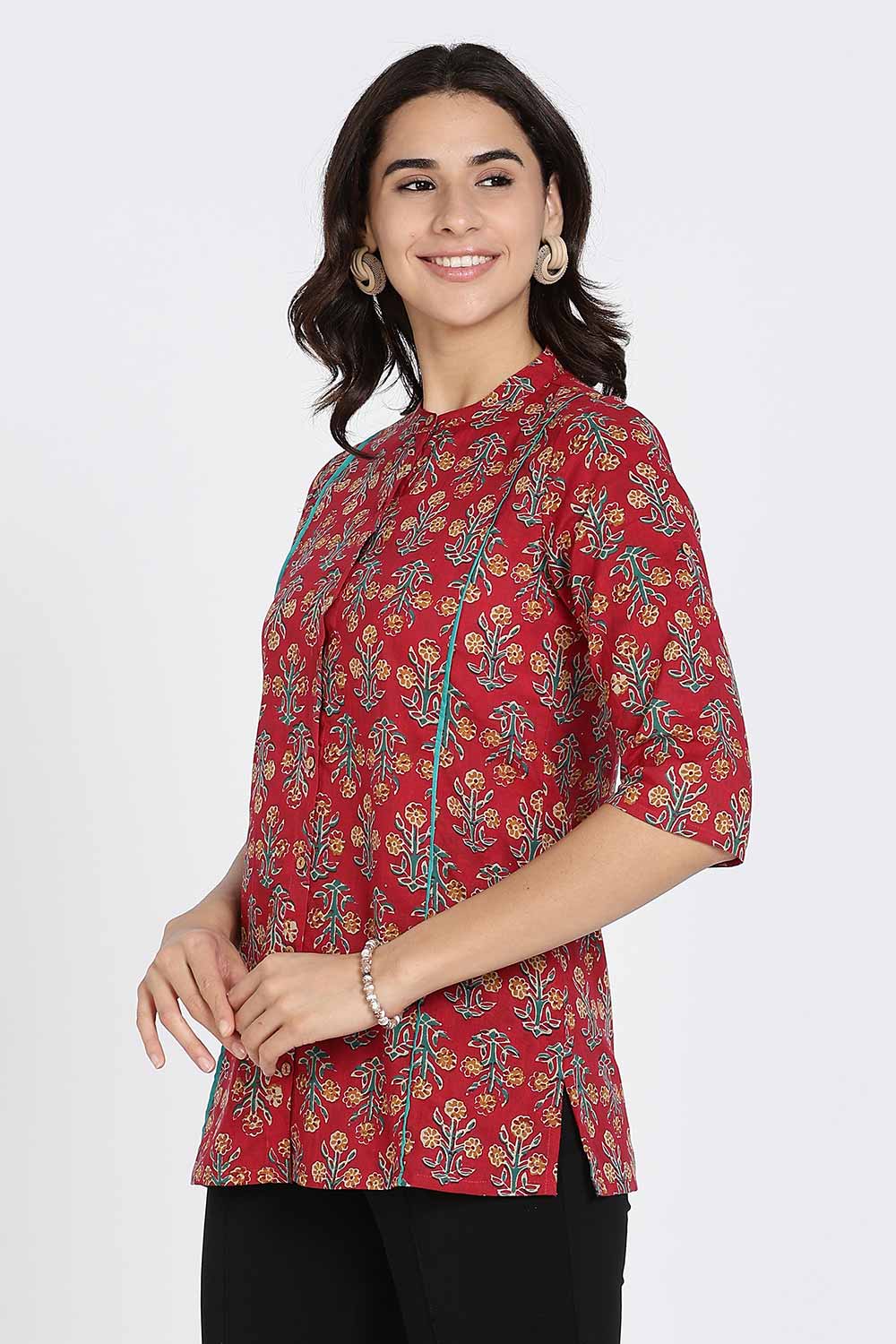 Mythri Women’s Cotton Short Kurti Top – Mandarin Collar with Princess Panels & 3/4th Sleeves | Ethnic Wear Kurta Top - Red - U005