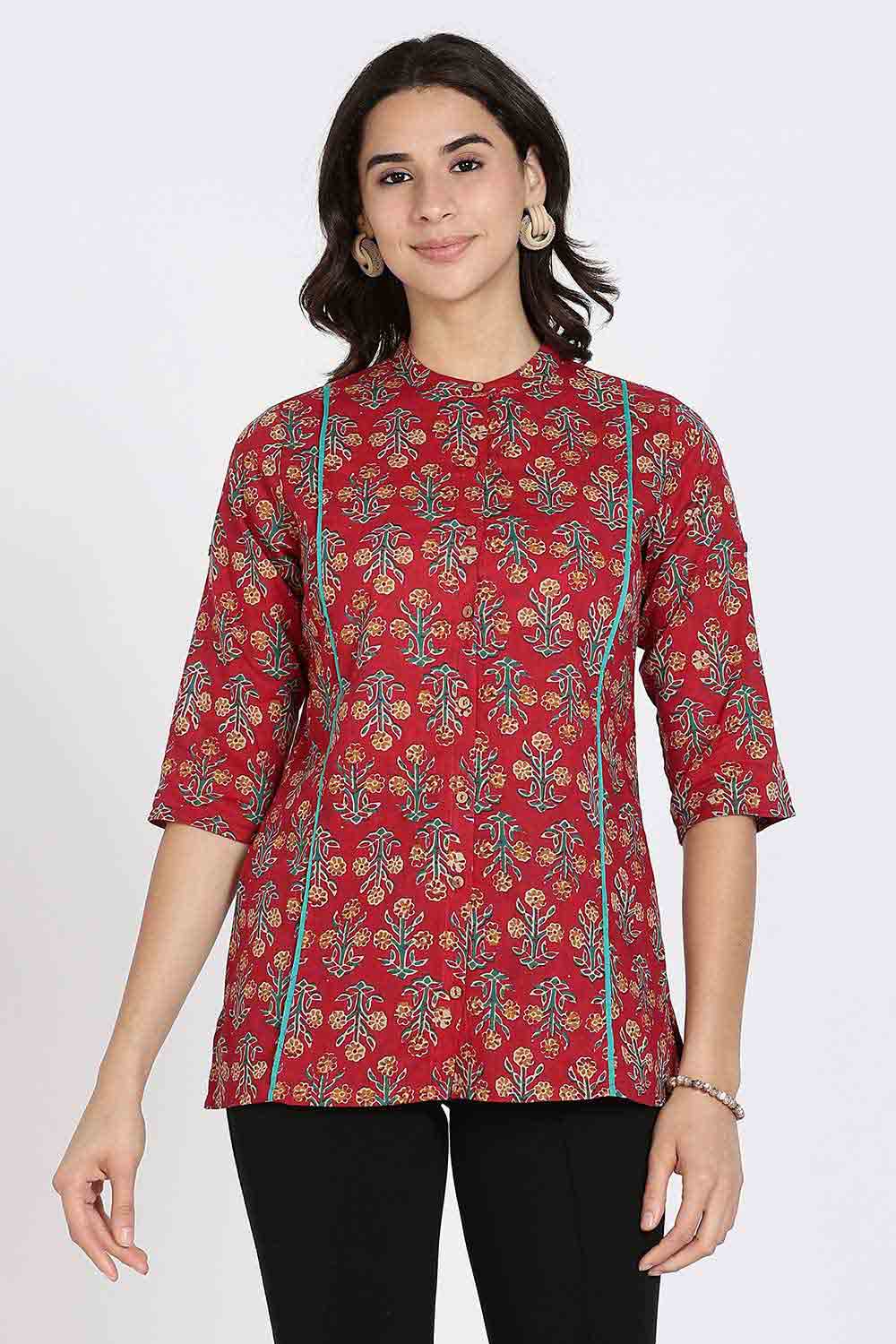 Mythri Women’s Cotton Short Kurti Top – Mandarin Collar with Princess Panels & 3/4th Sleeves | Ethnic Wear Kurta Top - Red - U005