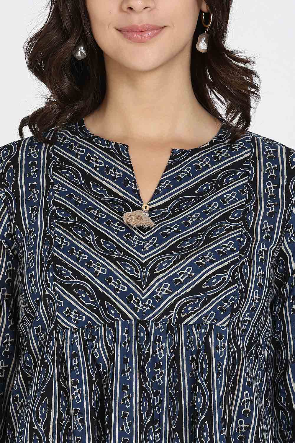 Mythri Women’s Cotton Kurta Top – Ethnic Short Kurti with Tassel Detailing, V-Slit Neck & 3/4th Sleeves - Black - U008