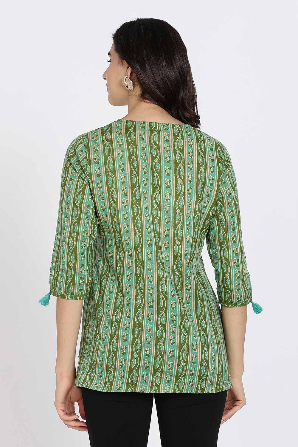 Mythri Women’s Cotton Kurta Top – Ethnic Short Kurti with Tassel Detailing, V-Slit Neck & 3/4th Sleeves - Green - U008