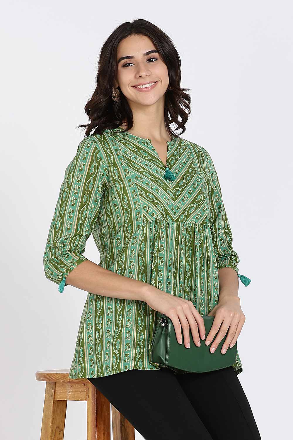 Mythri Women’s Cotton Kurta Top – Ethnic Short Kurti with Tassel Detailing, V-Slit Neck & 3/4th Sleeves - Green - U008