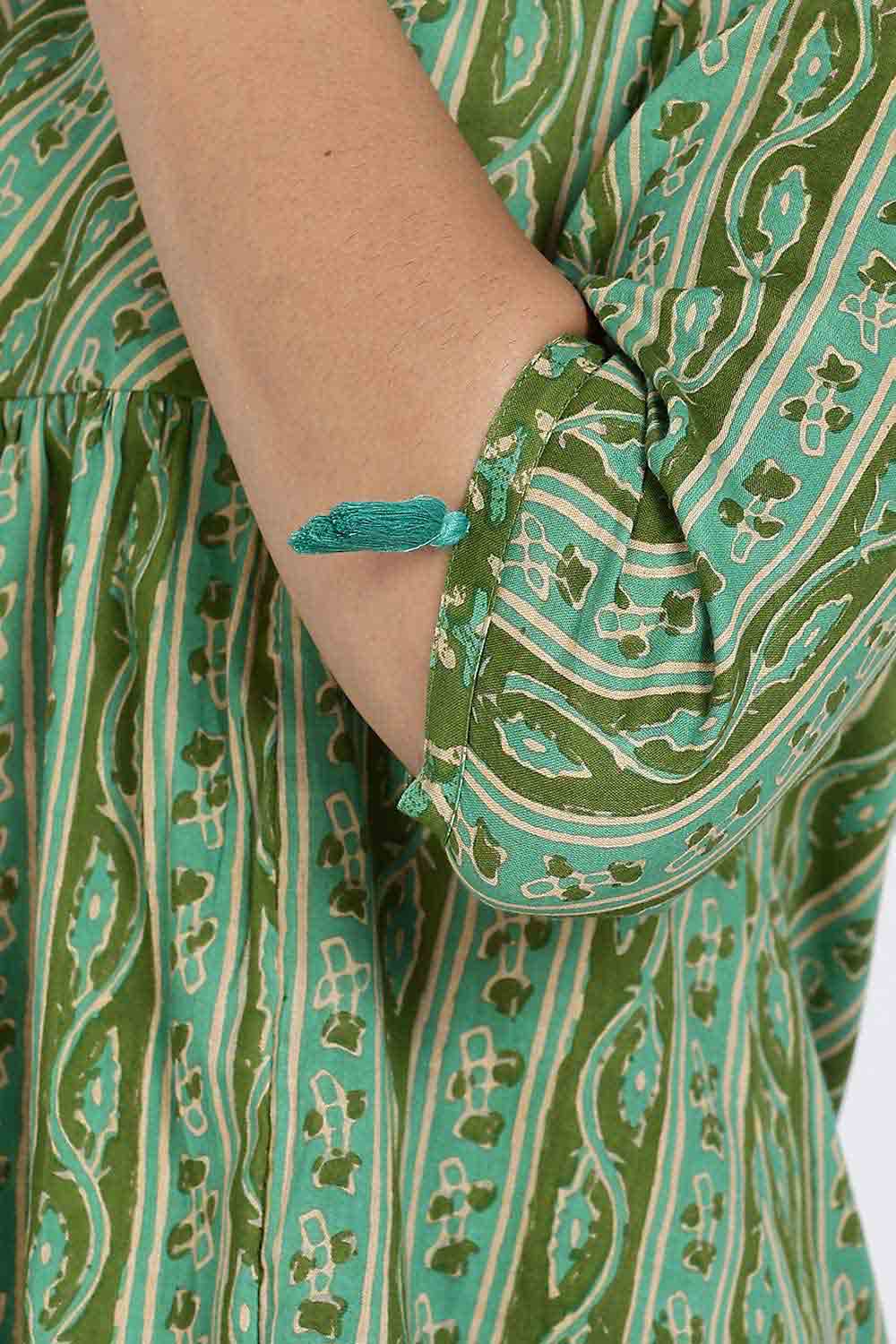 Mythri Women’s Cotton Kurta Top – Ethnic Short Kurti with Tassel Detailing, V-Slit Neck & 3/4th Sleeves - Green - U008
