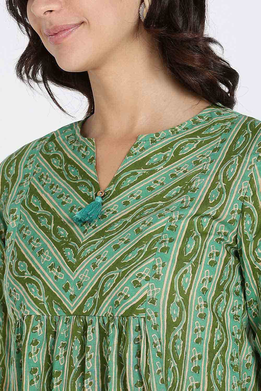 Mythri Women’s Cotton Kurta Top – Ethnic Short Kurti with Tassel Detailing, V-Slit Neck & 3/4th Sleeves - Green - U008